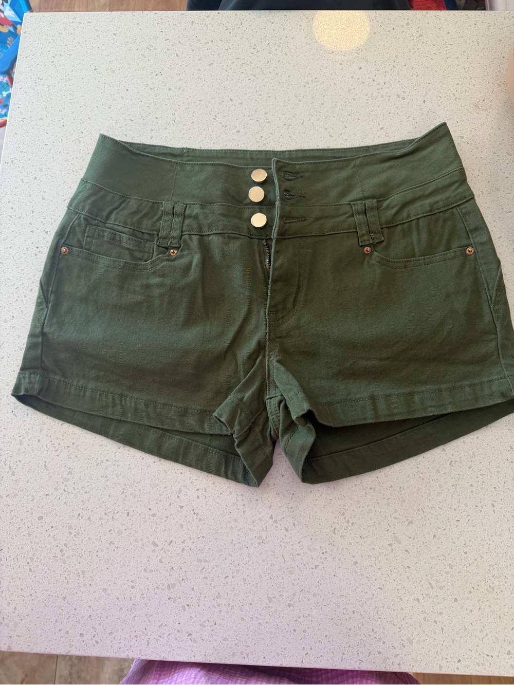 High-Rise Olive Green Women's Shorts with Triple-Button Front